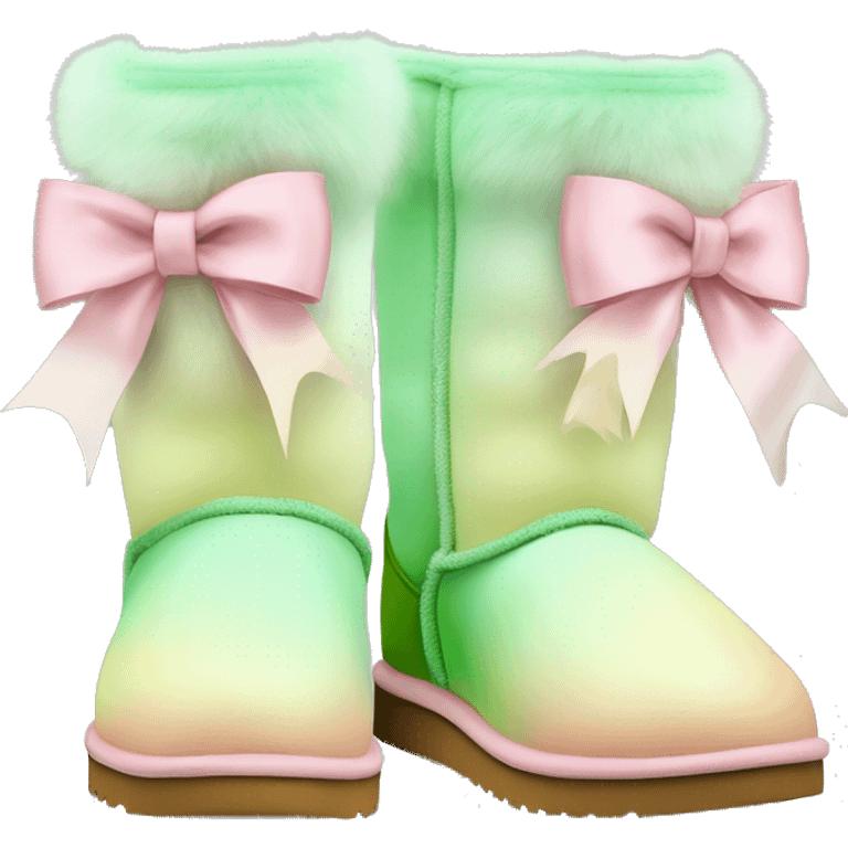 Realistic pair of pastel green,pastel yellow,and pastel pink ombre Ugg fur boots with silk ribbon bows. emoji