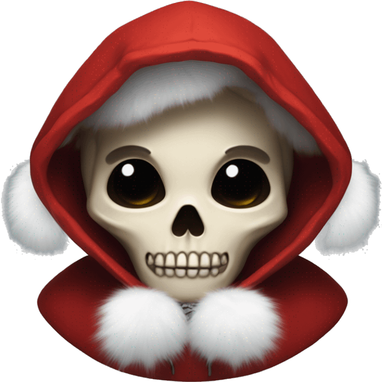 Cute young skull wearing a red velvet hood with white fur trim. emoji