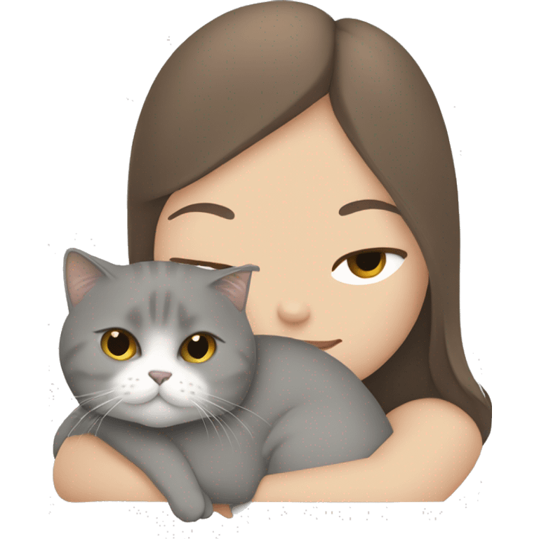 fat British shorthair grey cat hugging long brown hair white woman emoji