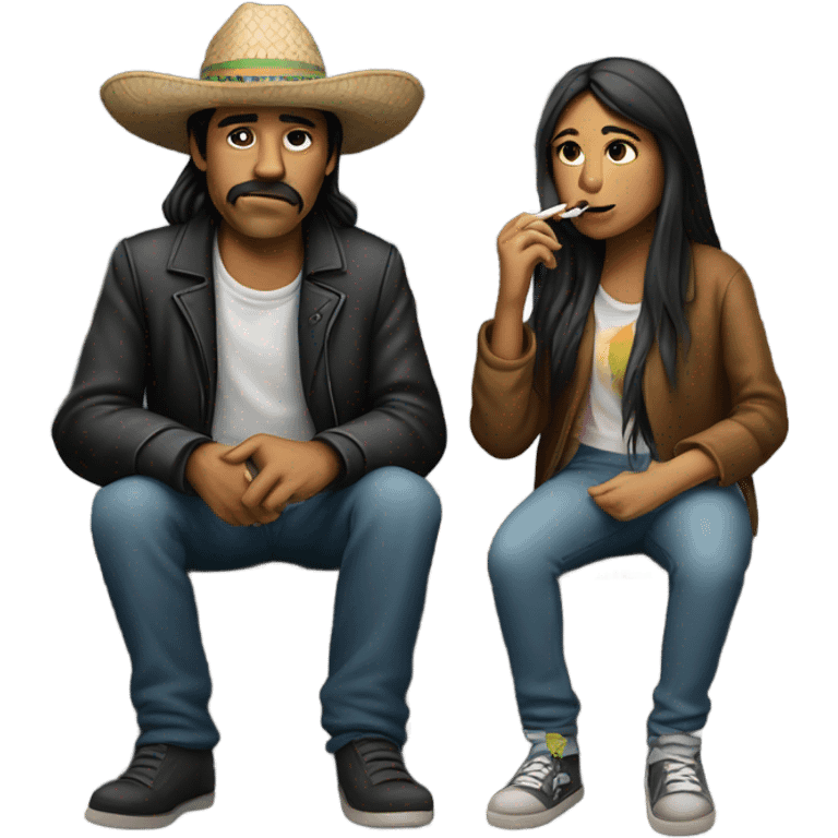 mexican girl with long hair smoking a cigarette with a homeless man  emoji