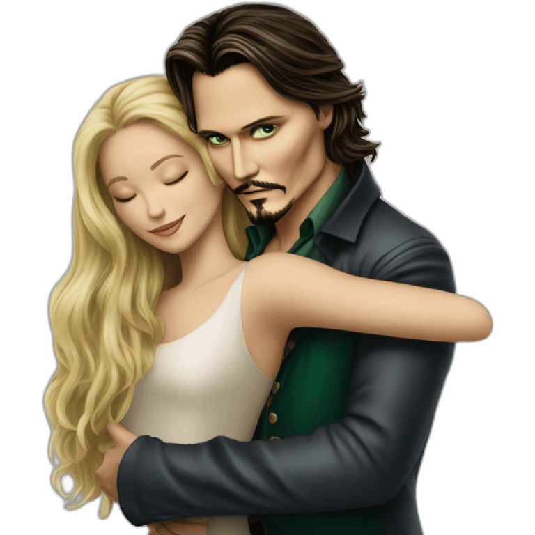 Johnny Depp dance hugging blond woman with green eyes amd very very very long hair emoji