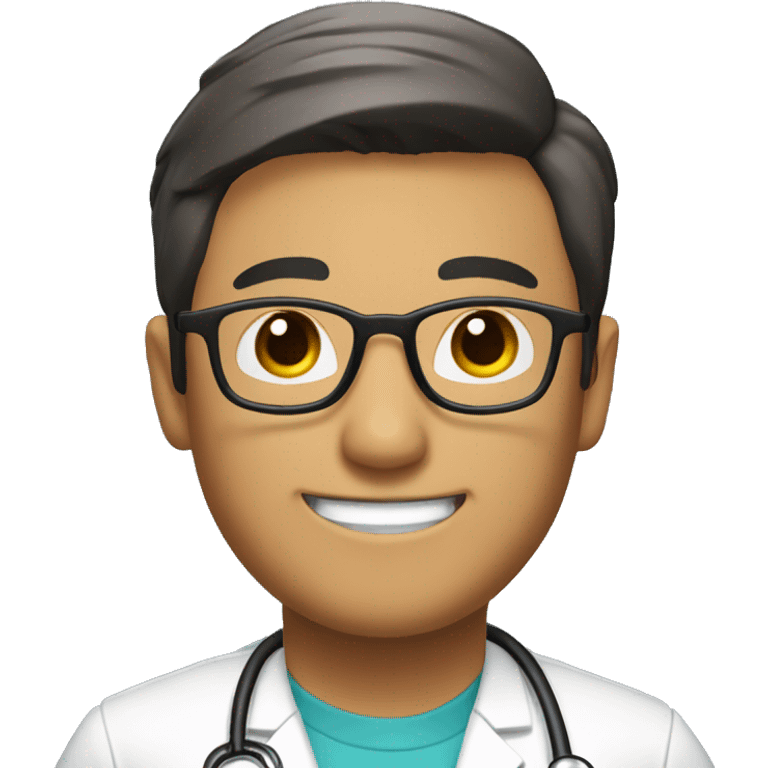 Asian (brown) doctor with round glasses, a short beard, nice hair, nice smile, brown eyes. Just the face please.  emoji