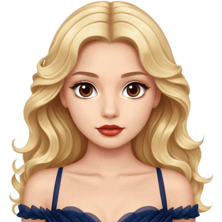 blonde model, brown eyes, long wavy hair, oscars red carpet, navy tulle gown emoji