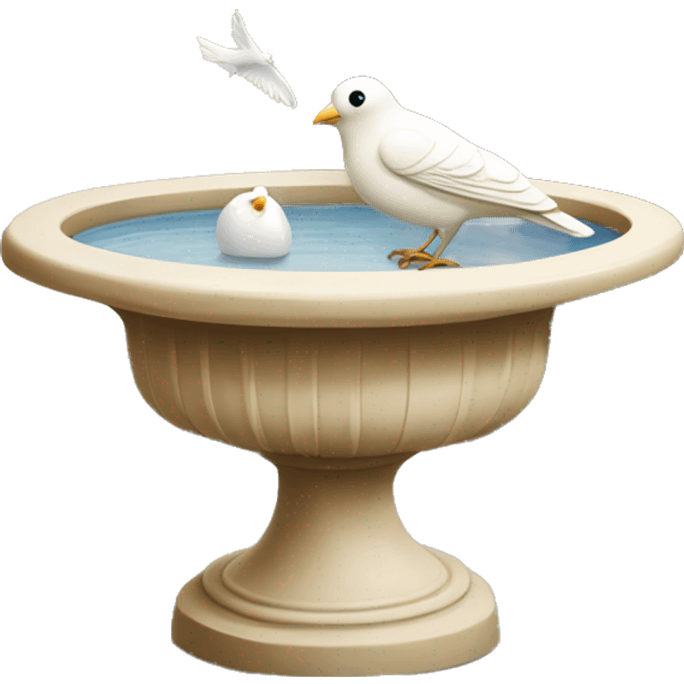 Vintage beige bird bath with a small white bird in courtyard  emoji