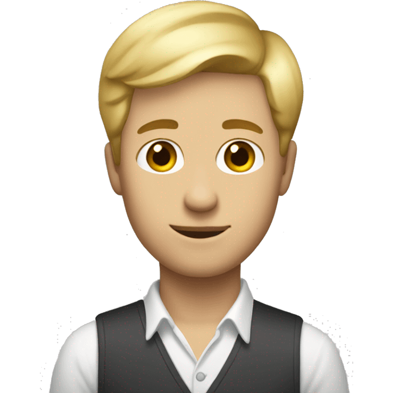 a guy with short blond hair and dressed like a painter holding a painting emoji