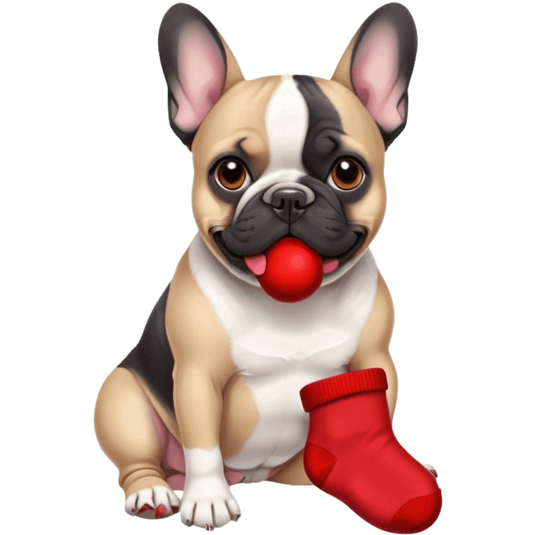 Black and white frenchie eating a red sock  emoji