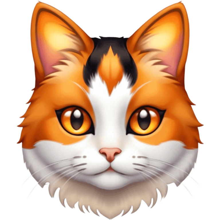 Cinematic Cute Calico Cat Portrait Emoji, Head tilted playfully with sparkling, inquisitive eyes and a charming patchwork fur of orange, black, and white, simplified yet irresistibly adorable, highly detailed, glowing with a warm, inviting glow, high shine, bubbly and affectionate, styled with a touch of whimsical feline charm, soft glowing outline, capturing the essence of a delightfully cute calico cat that looks as if it could prance off the screen into your heart! emoji