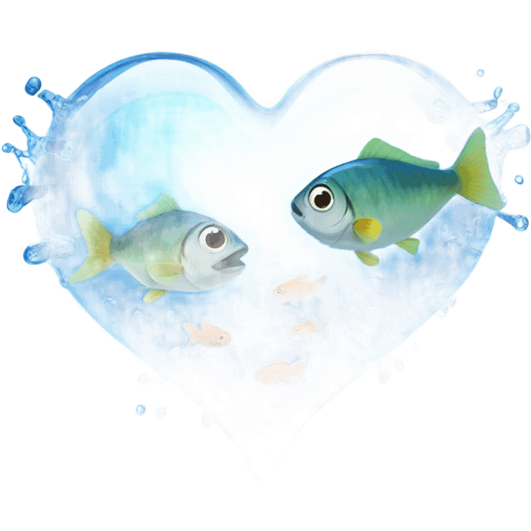 Blue clear Heart made out of water with fish swimming inside  emoji