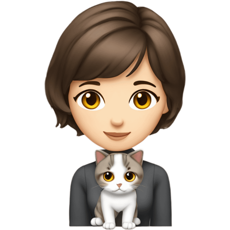 Beautiful girl Brunette with short hair with cat Scottish Fold emoji