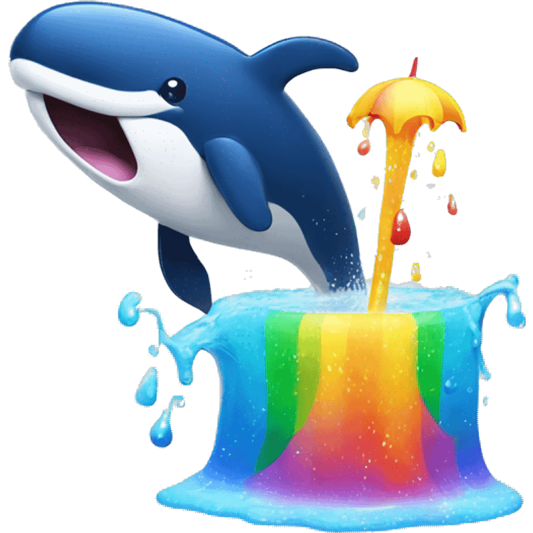 smiling whale with a rainbow fountain spouting from its blowhole. emoji