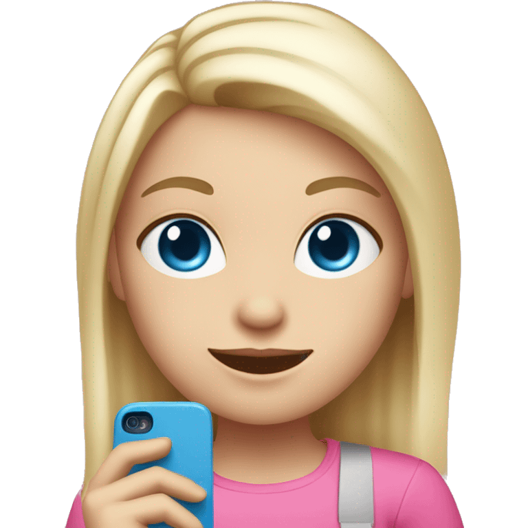 a white blond hair girl with blue eyes wearing a pink shirt holding a pink cell phone emoji