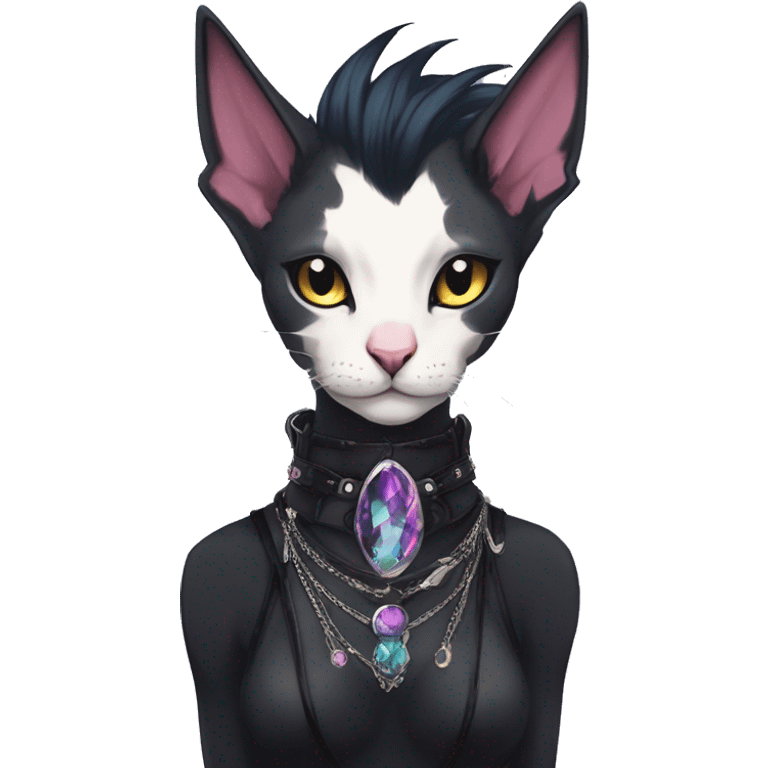 cool punk kawaii anime edgy distinguished stylish elegant beautiful fantasy black ethereal fantasy nargacuga-Noivern-sphynx-Quiana-Fakemon collar harness jewels full body emoji