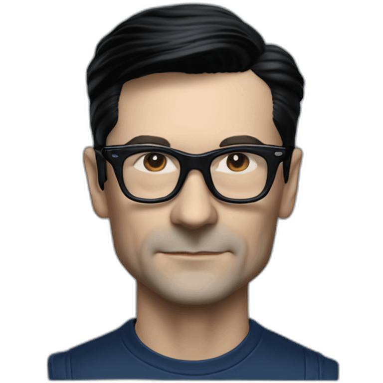 photo realistic Ralf Hutter from Kraftwerk, short straight black hair, black glasses, Dark Blue T-shirt, thin, in black tesla model 3 emoji