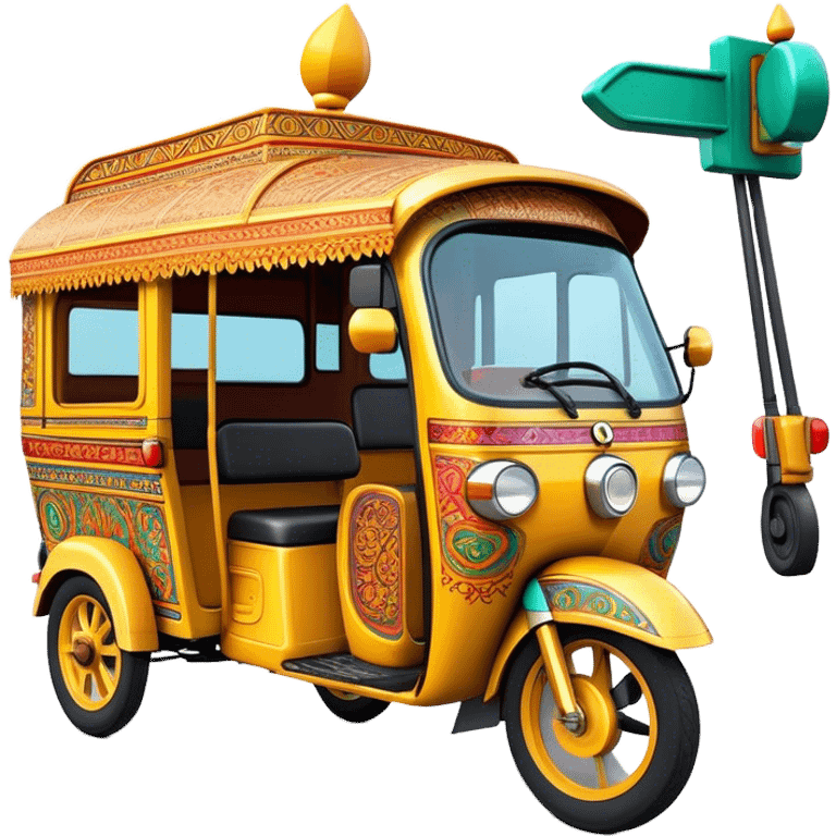 Cinematic Realistic Indian Auto Rickshaw Emoji, depicted as a colorful, bustling auto rickshaw with intricate designs and vibrant hues, rendered with lively textures and dynamic urban lighting that captures its quintessential presence in Indian cities. emoji