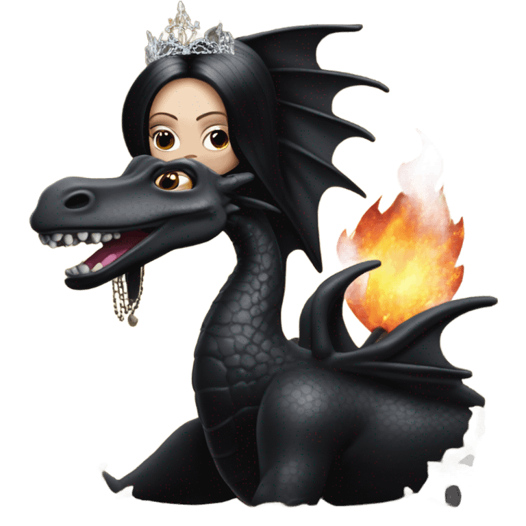 Victorian evening dressed, young Morticia Addams Jedi wearing a mini tiara, riding on the back of a very large black shiny evil-looking fire-spewing horned dragon emoji