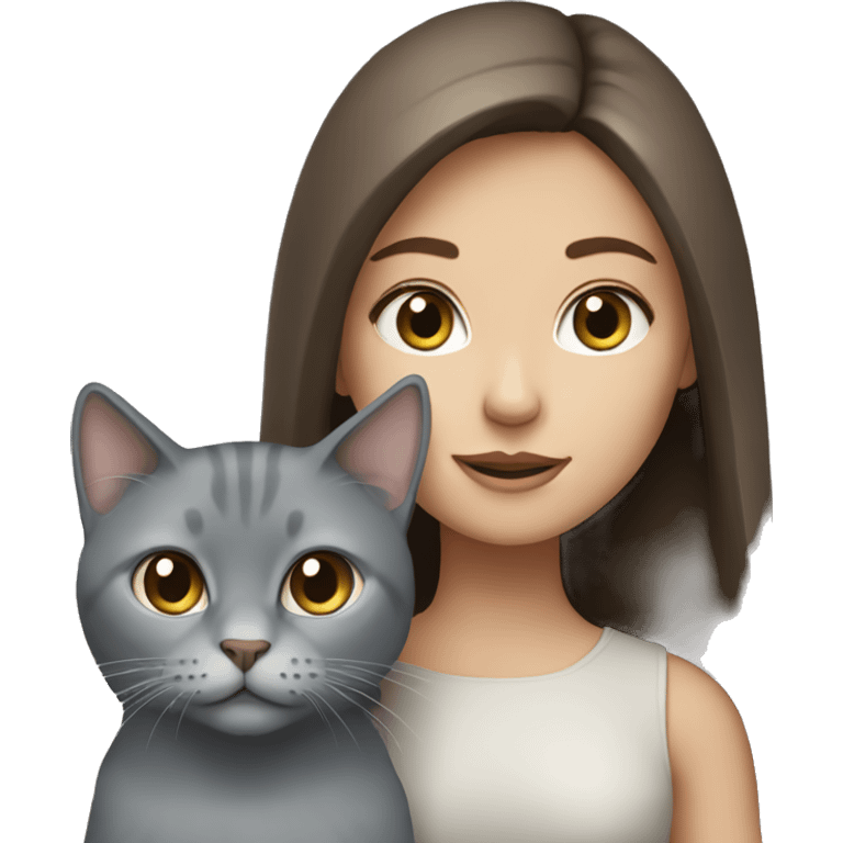 girl with brown hair and blue eyes with a grey cat emoji