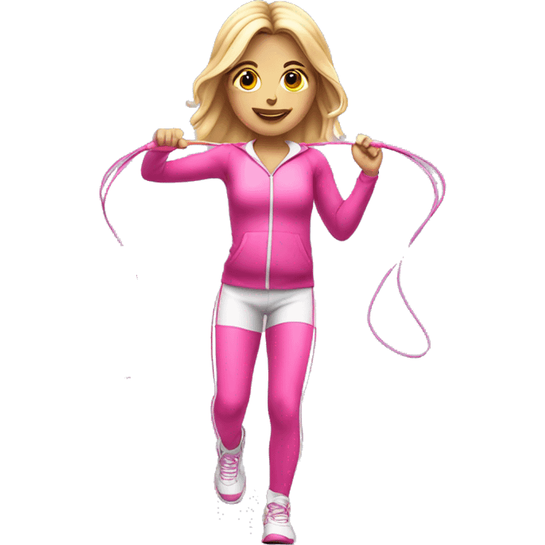 white gym girl in pink outfit with a skipping rope over her head emoji