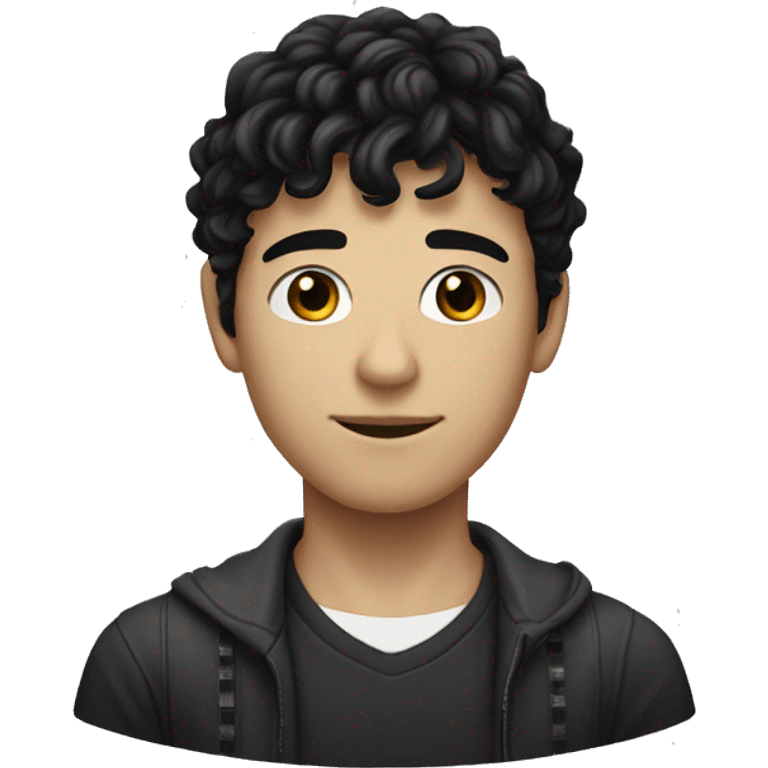 Realistic young man with white skin. he has very black and wavy hair and bangs, he has black eyes, he is tall, he has a long neck and head emoji