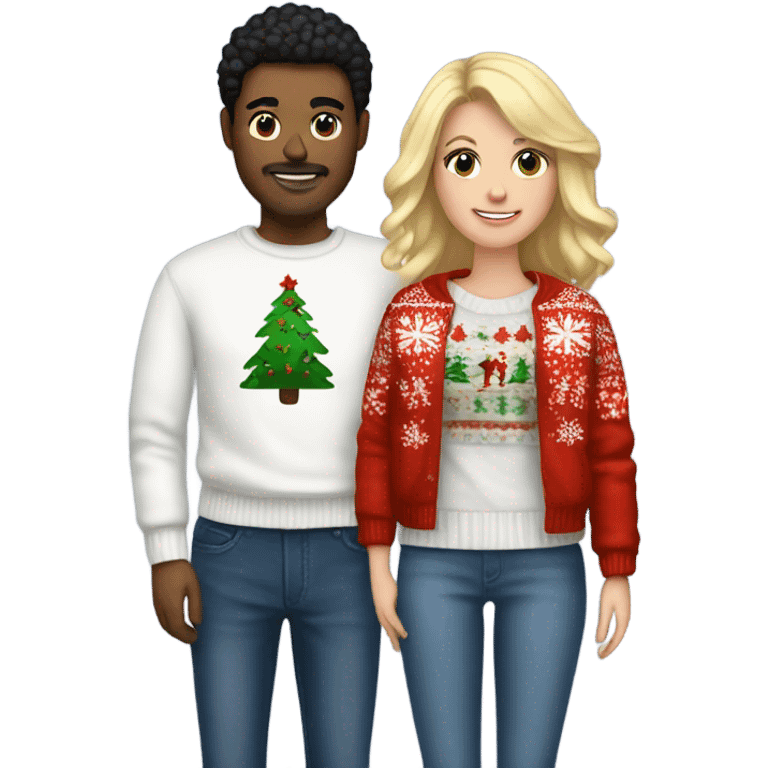 White couple, black hair man, blonde hair woman, with christmas jumper and jeans and sneaker emoji