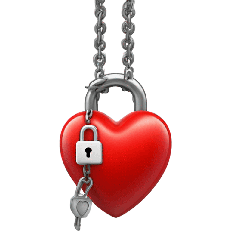 a  single red glossy heart, with a single chain and padlock wrapped around it emoji