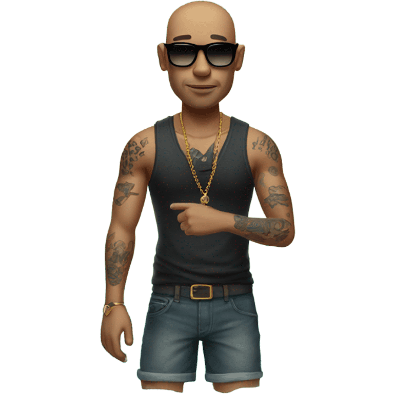 bald man with sunglasses by water with tattoos  emoji