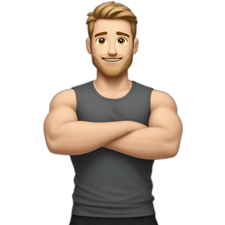 Full height Actively gesturing with hands Pale skinned Fit Man With the biceps and brown hair in dark gray Sleeveless Mike, black oversize sports shorts, watch and white Sneakers emoji