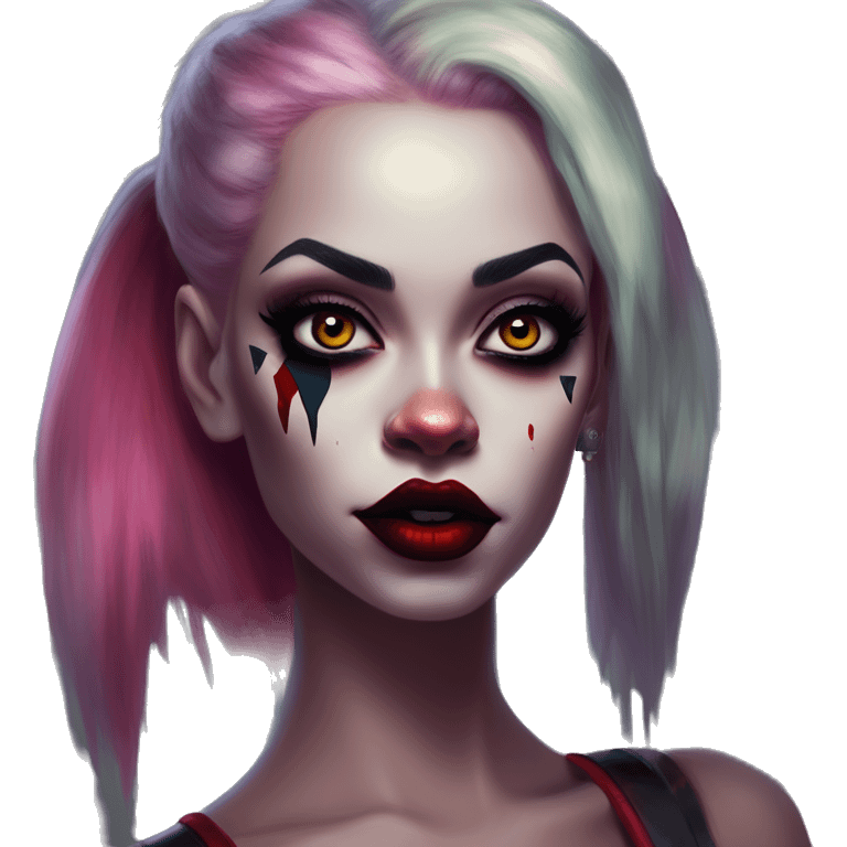 Night Elf Rihanna in Harley Quinn style, oil paint, mysterious eyes, intricate lips, masterpiece portrait, odd perspective, beautiful, desirable, logical emoji