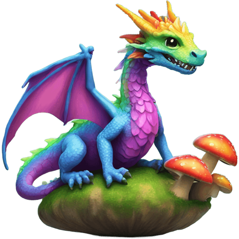 Rainbow Dragon sitting on a mushroom emoji