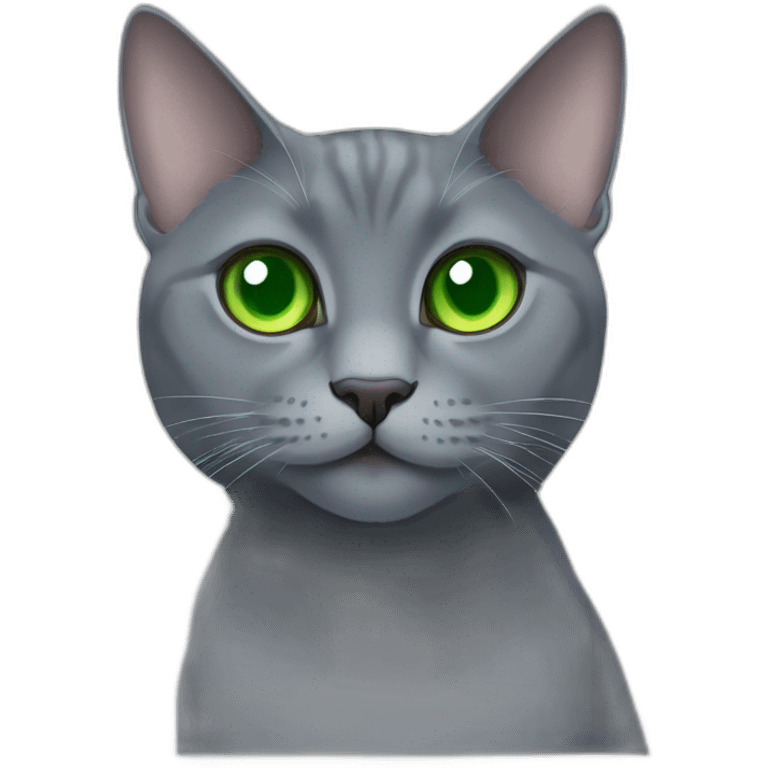 round faced grey russian blue cat with green eyes with big pupils and fat emoji