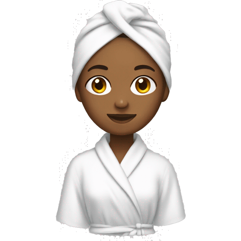 Girl wearing a white towel on her head wearing a white bath robe emoji