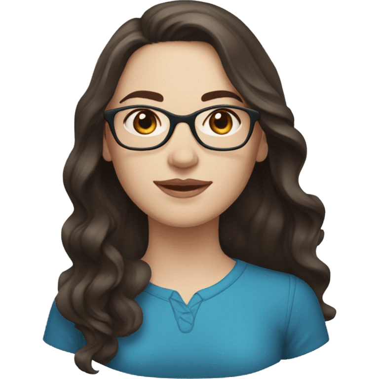 woman with pale skin, long dark brown wavy hair, blue eyes and glasses emoji