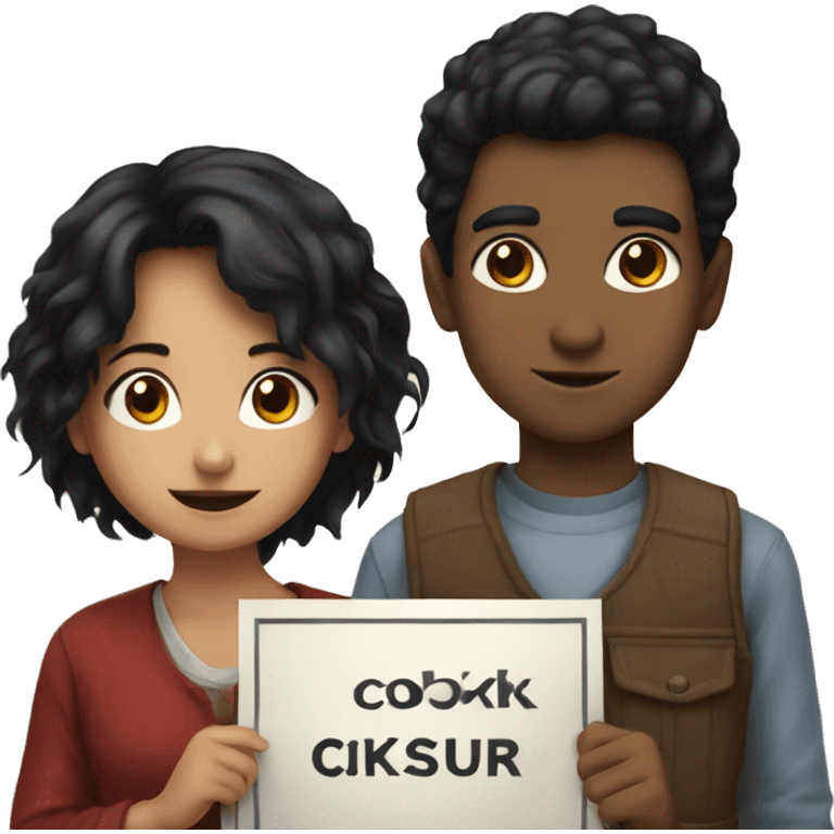 a girl with black hair  and a boy with black hair holding a banner saying cioksukur emoji