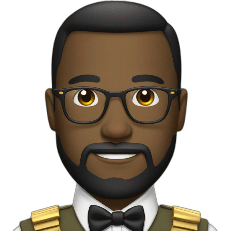 black soldier with beard, part in hair, white collared shirt, bow tie, gold glasses, bulletproof vest  emoji