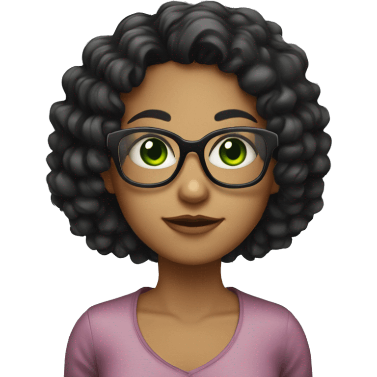 Girl with black curly hair, green eyes and red glasses with a square and bevel emoji