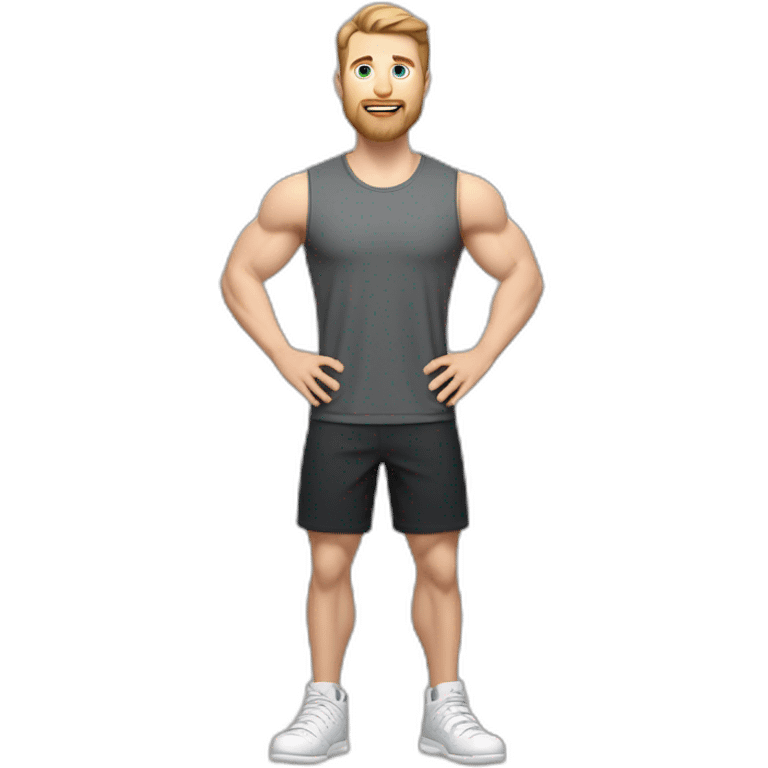 Full height Actively gesturing with hands Pale skinned Fit Man With the biceps and brown hair in dark gray Sleeveless Mike, black oversize sports shorts and white Sneakers emoji