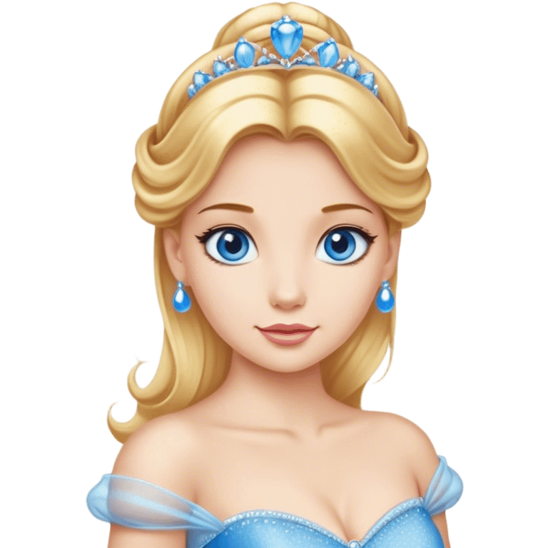 Cinematic Realistic Comical Cinderella Portrait, with every detail rendered realistically—from the soft, smooth texture of her fair skin to her artfully styled golden-blonde hair. Her bright blue eyes are wide with playful disbelief, and her expression carries a touch of whimsical humor while retaining elegant poise. Her classic ball gown, detailed with rich fabric textures and natural shadows, catches the light in a way that blends refined beauty with a hint of cheeky mischief, creating a striking, lifelike portrayal. emoji