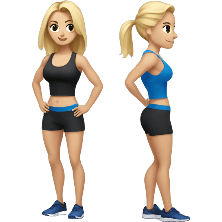 blonde woman working out with a black tank top and a blue shorts and she is holding a dumbell emoji