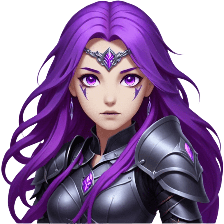 A mysterious warrior girl with long, flowing purple hair catching the dim light. Her glowing violet eyes stare forward, unwavering. She wears sleek black armor, adorned with silver runes that pulse faintly with hidden power. A dark mist swirls at her feet, hinting at the energy she commands. emoji