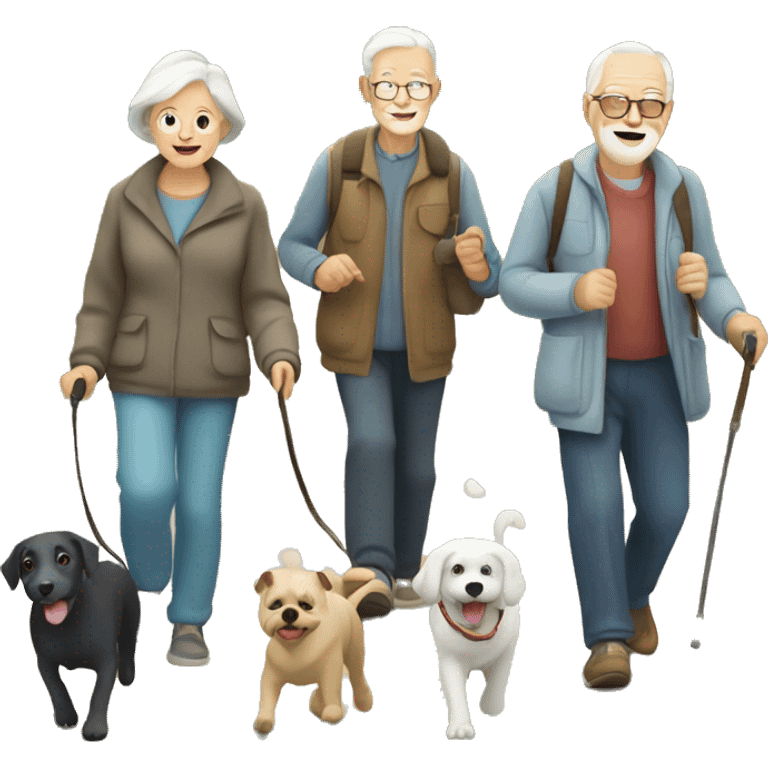 group of elderly people walking their dogs in the countryside emoji