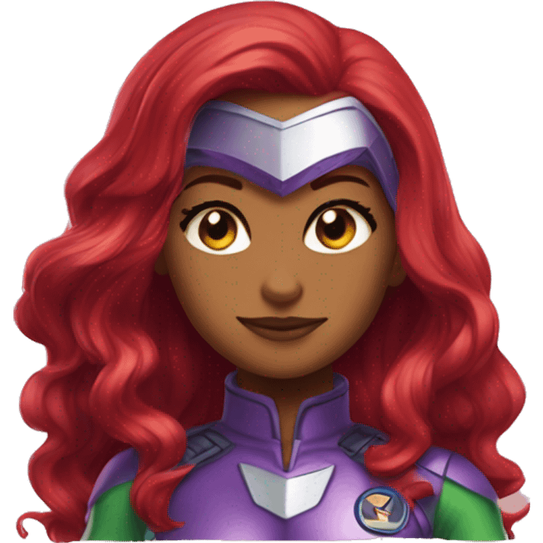 dc comics starfire red hair; purple silver spacesuit; green eyes emoji