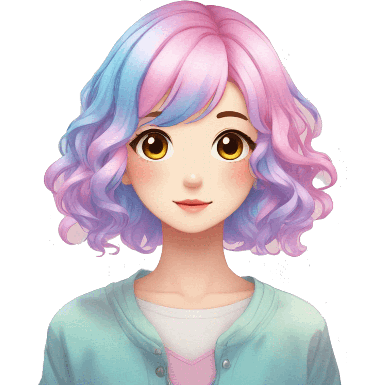 Gorgeous anime style shojo character with blushing face aesthetic and pretty colorful shiny gradient pastel hair with hair garment trending style emoji