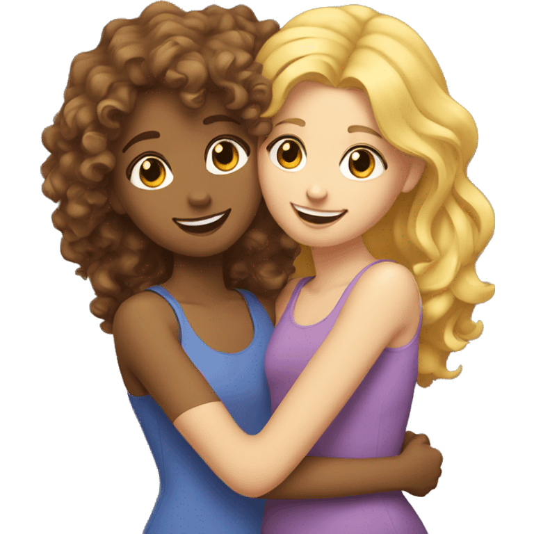 One girl withe brown curly hair hugging another girl with blonde hair emoji