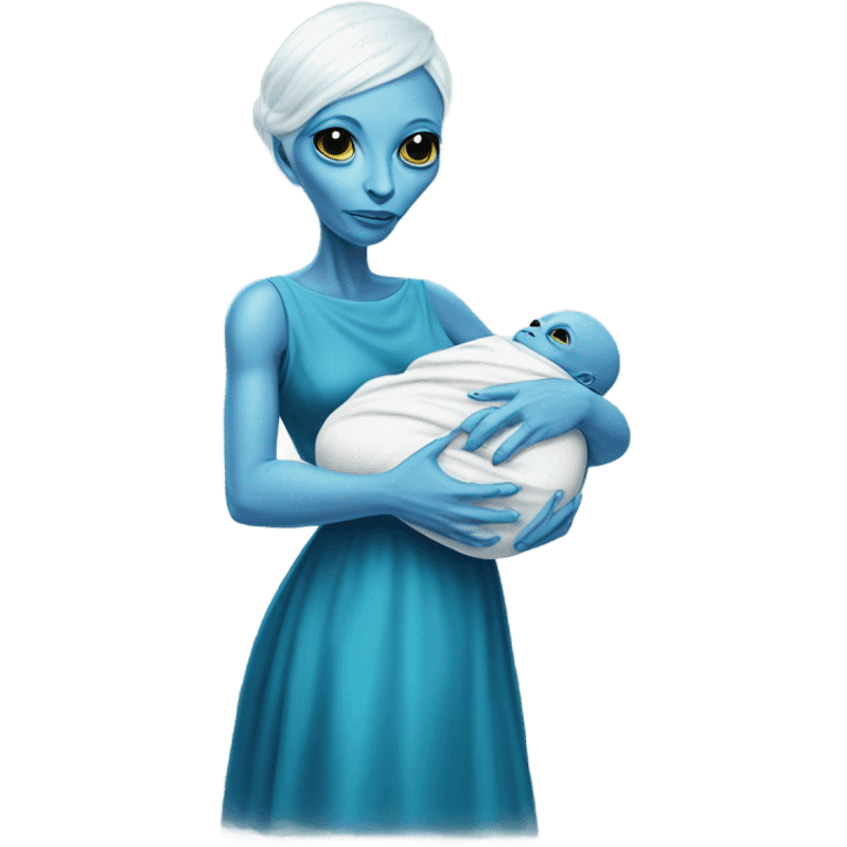  Reptilian alien woman , full body, in blu elegant dress , holds a newborn white humman baby emoji