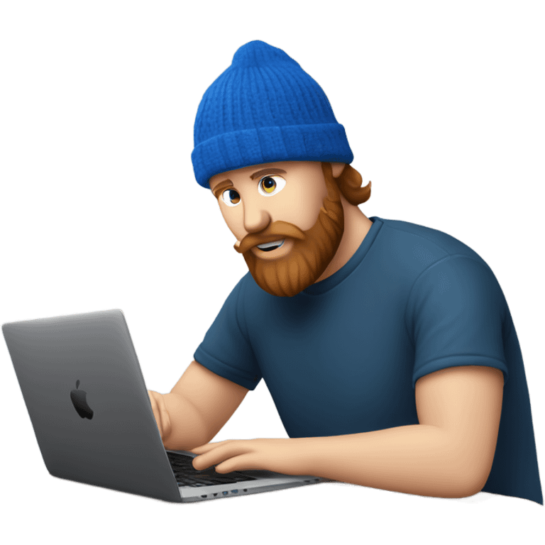 white man with blue beanie and chestnut beard working on his black macbook laptop and looking down with his eyes emoji