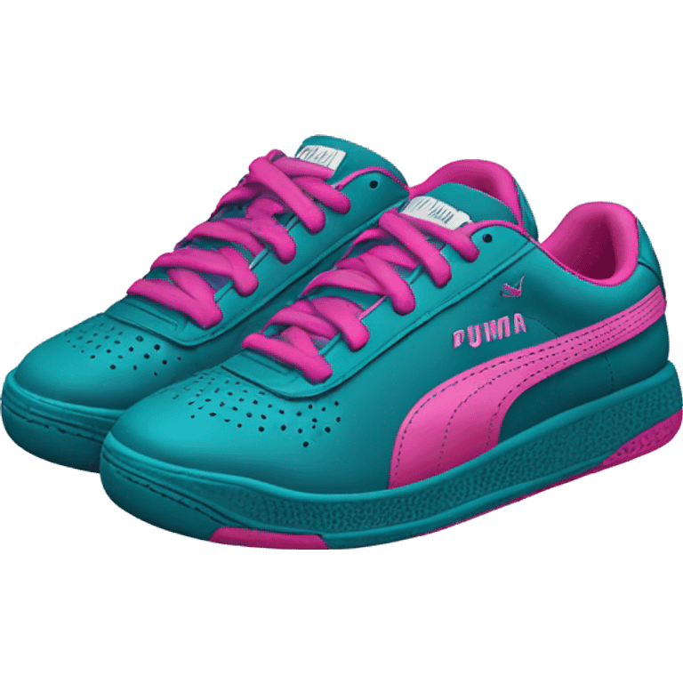 Realistic isolated side view of a pair of dark teal blue pink and magenta Puma Sneaker tennis shoes. emoji