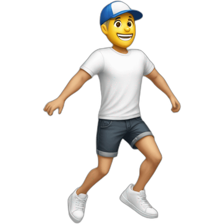 white man, t-shirt, cap and short shorts, dancing emoji