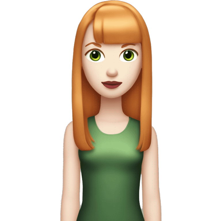 ginger girl, pale face, green eyes, pink lipstick, shoulde lenght straight hair with bangs emoji