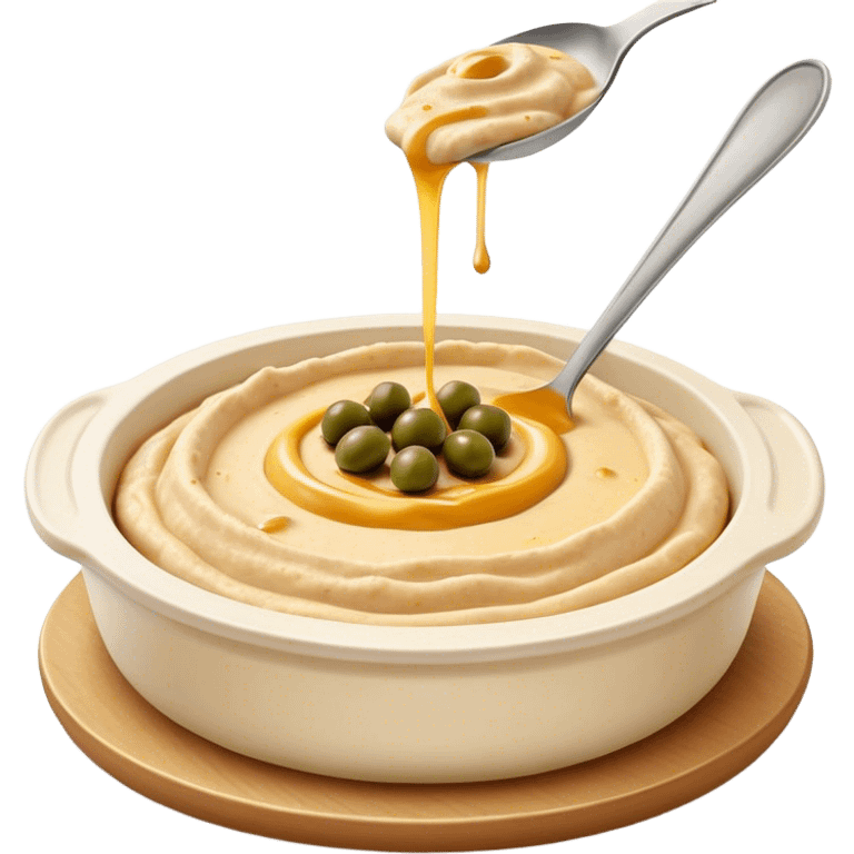 Cinematic Realistic Hummus Dish Emoji, depicted as a creamy chickpea dip drizzled with olive oil rendered with rich textures and warm, inviting lighting. emoji