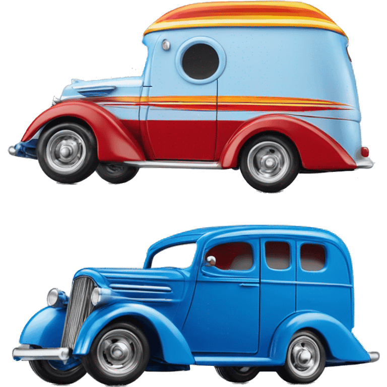 Hot wheels style, hot rod caravan,1937, with trailer, blue  emoji