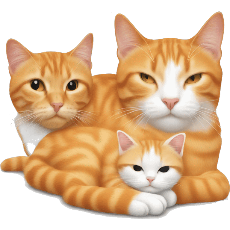 one orange tabby with an orange face, one tabby with an orange and white face, and a white longhair cat all sleeping together emoji